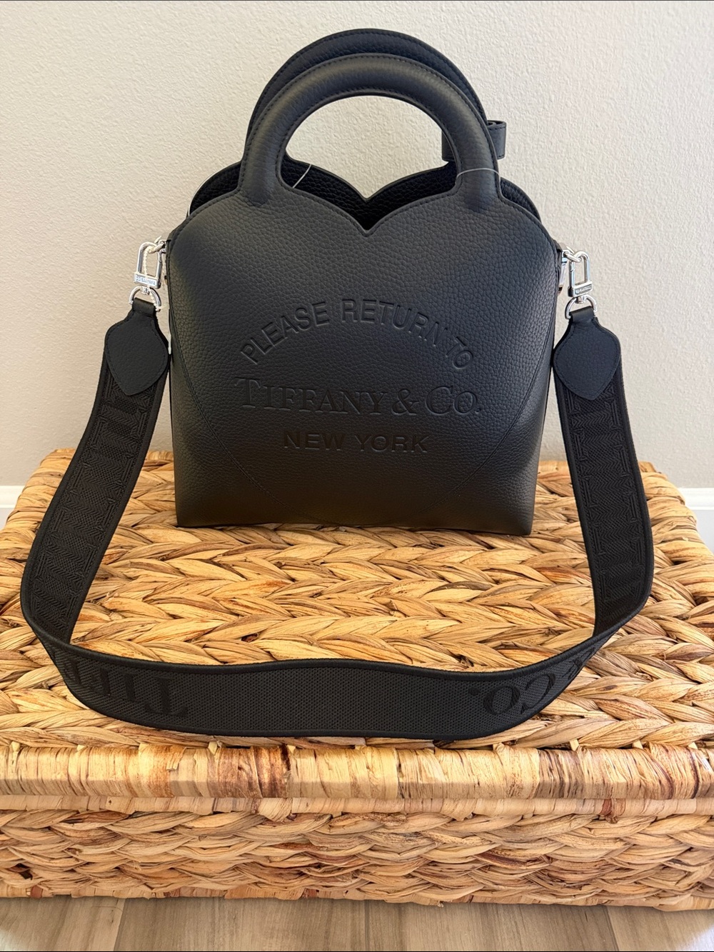 Tiffany & Co. Black Leather Top-Handle Satchel with Embossed Logo